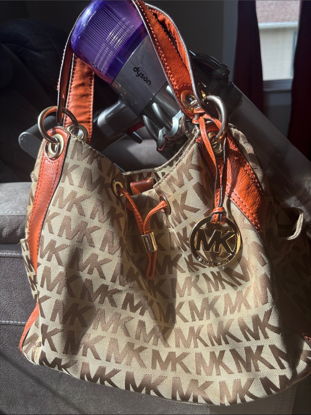 Michael Kors Beige MK Logo Shoulder Bag with Orange Trim